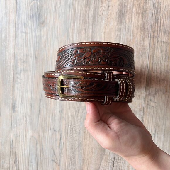 Nocona Western Tooled Leather Belt Size 32 Brown Cowboy Artisan Vintage Layer main image 8